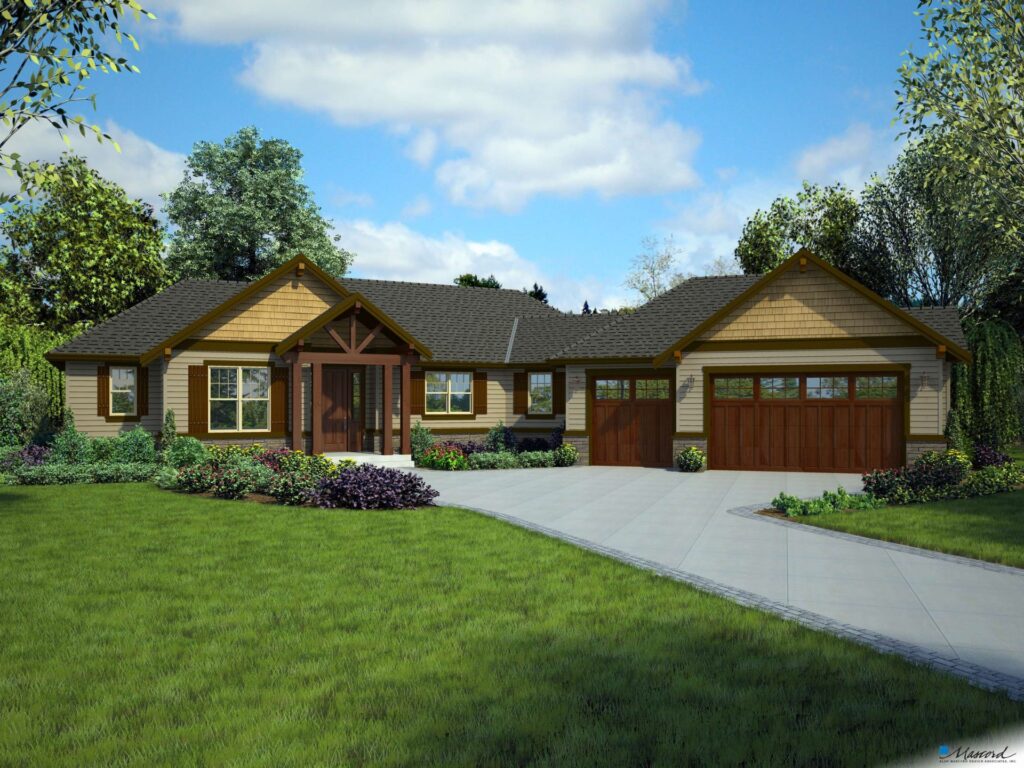 Front exterior rendering of The Adamsville home plan for RidgeWater Properties, featuring a single-level Craftsman-inspired design with gabled rooflines, covered entry, stone accents, landscaped yard, circular driveway, and expansive attached garage.