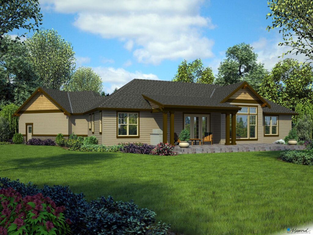 Rear exterior rendering of The Adamsville home plan for RidgeWater Properties, featuring a single-level Craftsman-inspired design with covered patio, gabled rooflines, large windows, landscaped lawn, and natural wooded setting.