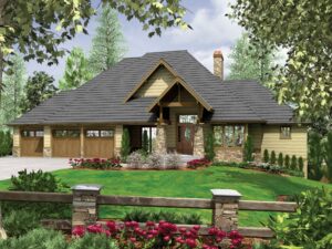 Front exterior rendering of The Lenhart home plan for RidgeWater Properties, featuring a Craftsman-inspired design with steep rooflines, stone columns, natural siding, landscaped yard, covered entry, and attached three-car garage.