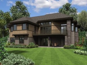 Rear exterior rendering of The Thompson home plan for RidgeWater Properties, featuring a hillside design with upper deck, covered lower patio, large windows, stone columns, landscaped lawn, and natural wooded setting.