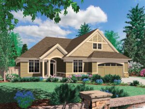 Front exterior rendering of The Calloway home plan for RidgeWater Properties, featuring a single-level Craftsman design with gabled rooflines, stone accents, covered entry, large windows, landscaped yard, and attached two-car garage.