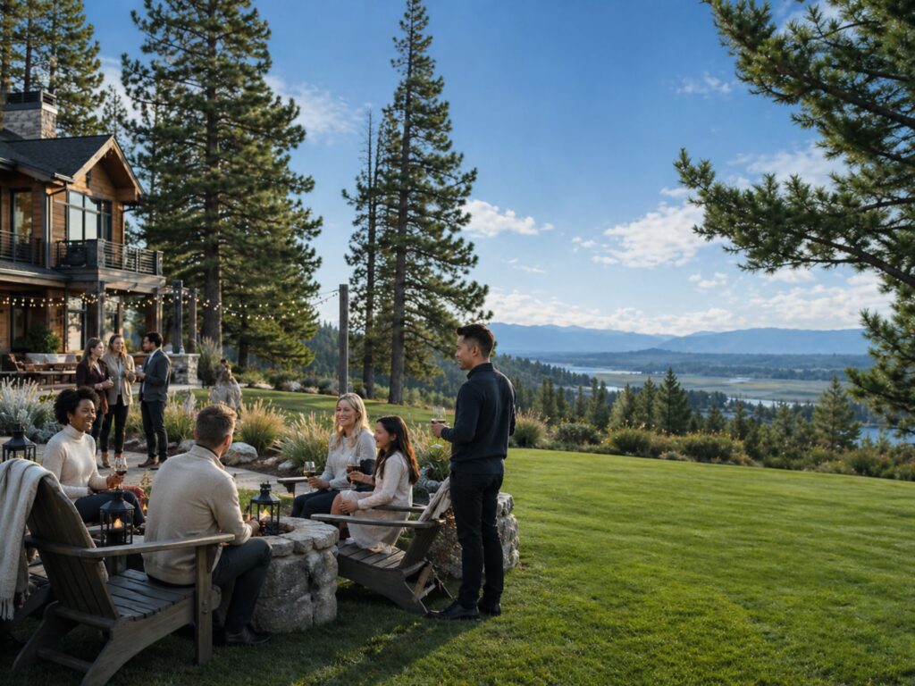 Residents gathered outdoors near a modern luxury home with mountain and lake views under blue skies in Klamath Falls, Oregon.