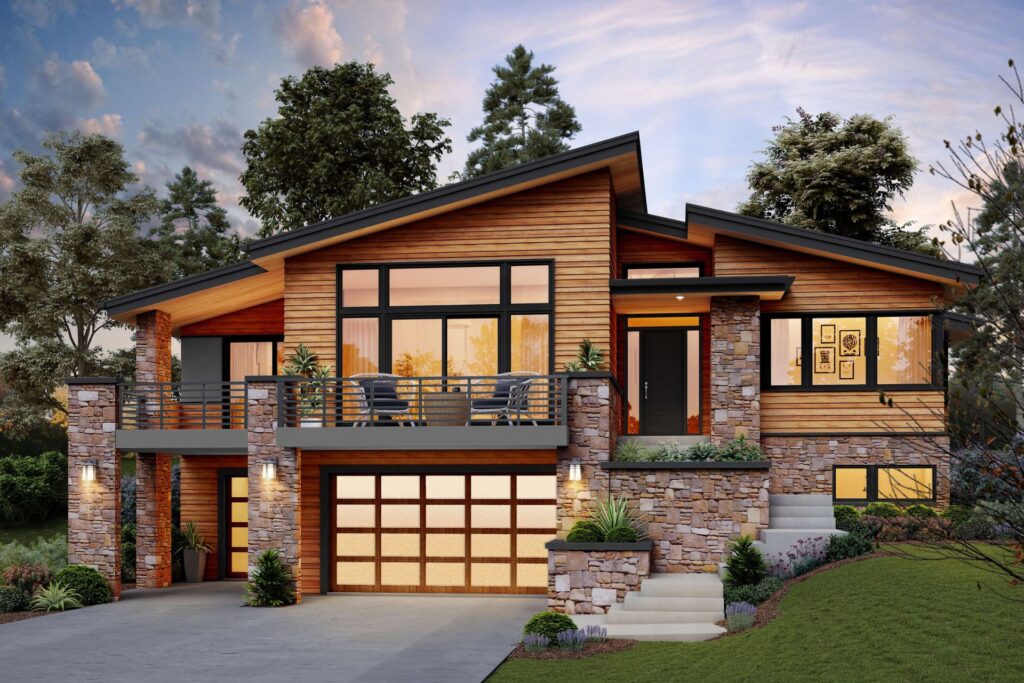 Modern custom home featuring natural wood siding, stone accents, large windows, a covered balcony, and a two-car garage set against a sunset sky at Ridgewater Properties in Klamath Falls, Oregon