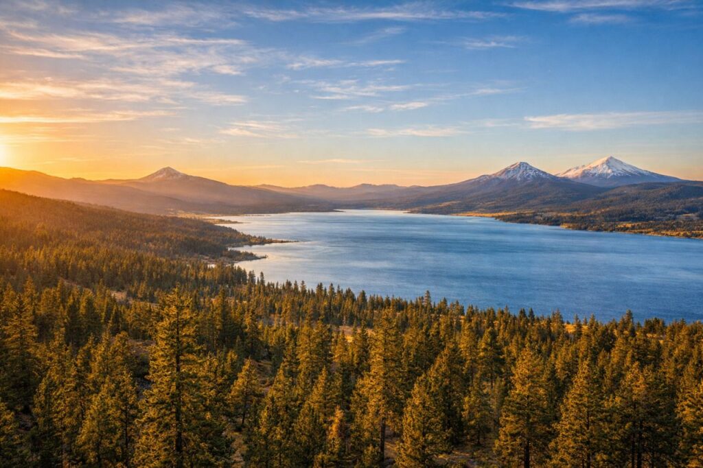 Panoramic view of Upper Klamath Lake in Southern Oregon with pine-forested hills and snow-capped Cascade mountain peaks at golden hour
