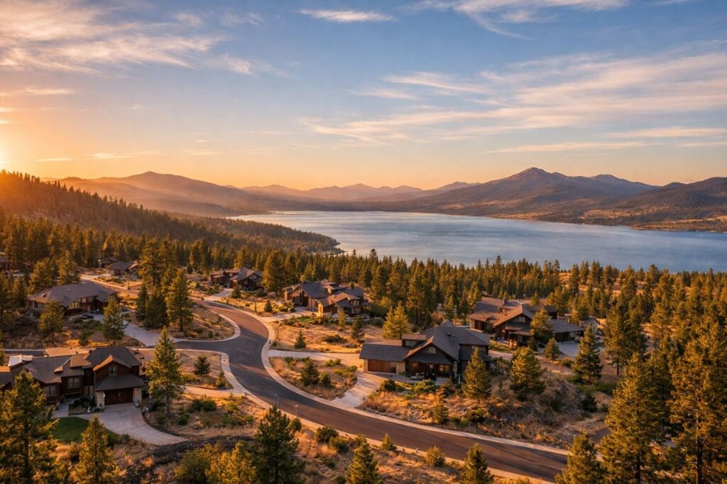 Aerial view of RidgeWater Properties gated community in Klamath Falls Oregon showing homesites nestled in pine-covered hills overlooking Upper Klamath Lake at sunset