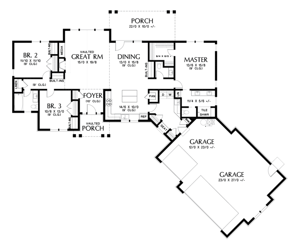 The Adamsville floor plan for RidgeWater Properties, featuring a single-level layout with 3 bedrooms, vaulted great room, open kitchen and dining area, primary suite, rear porch, front porch, built-ins, laundry area, and expansive angled garage.